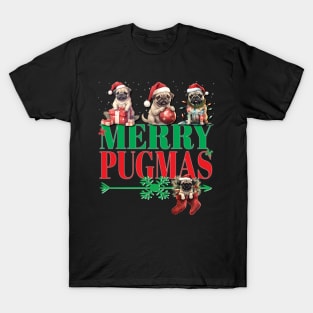 Christmas Pugs With Santa Hat Merry Pugmas Xmas Puppies Dog Christmas T-Shirt